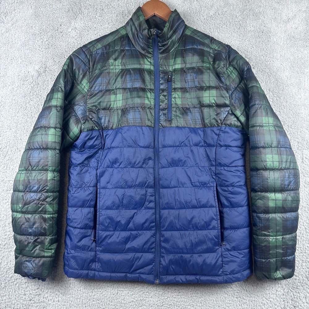 St. Johns Bay Puffer Jacket Mens Medium Blue Green Tartan Plaid Quilted Coat
